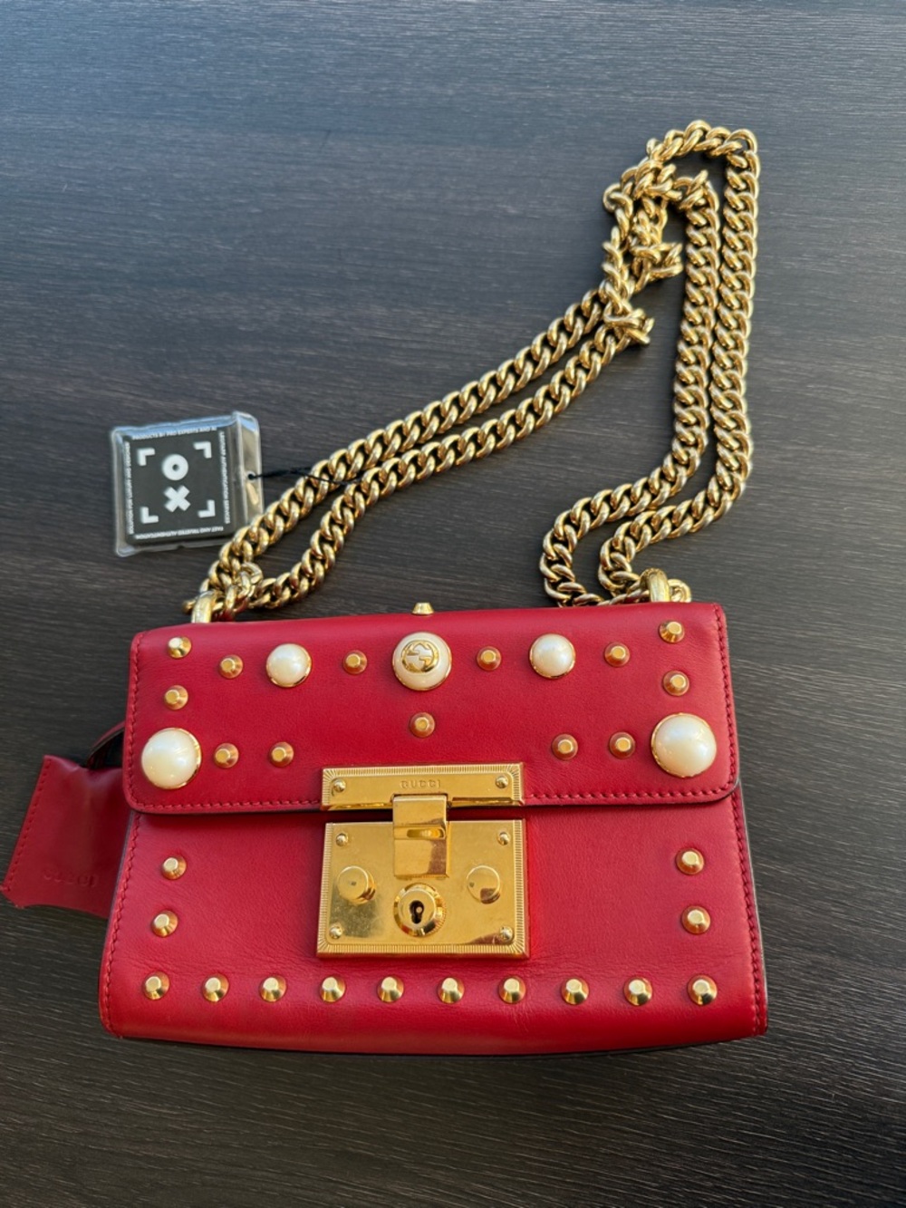 Gucci Red Leather Pearl & Gold-Stud Chain Shoulder Bag (100% Authentic)